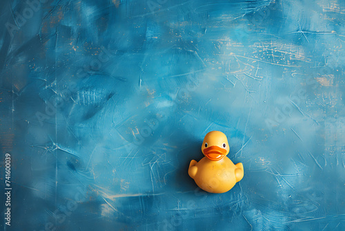 rubber ducky top view on blue background flat lay in 