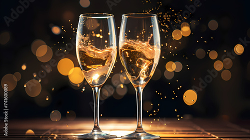 Champagne glass close-up, bokeh light background