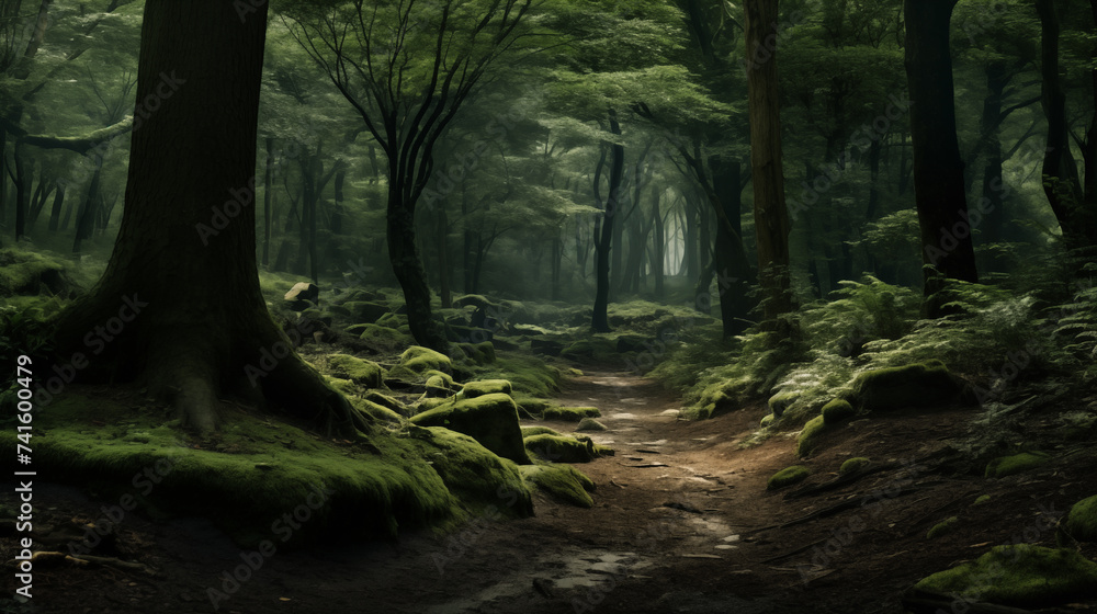 A serene pathway winds through an enchanted forest, where the lush ...