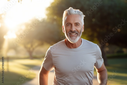 Portrait of a smiling senior man in sportswear standing in the park.