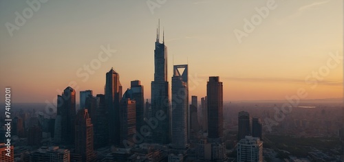 Sunset over the city with skyscraper buildings, Modern city skyline illuminated by sunset a panoramic travel destination , AI generated