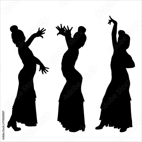 set of women in dress stay in dancing pose. flamenco dancer Spanish regions of Andalusia, Extremadura and Murcia. black silhouette white background brush sketch. Vector photo