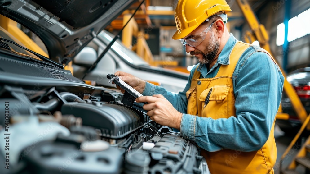Confident male auto mechanic working on a car in a professional service workshop. Confident male auto mechanic working on a car in a professional service workshop.