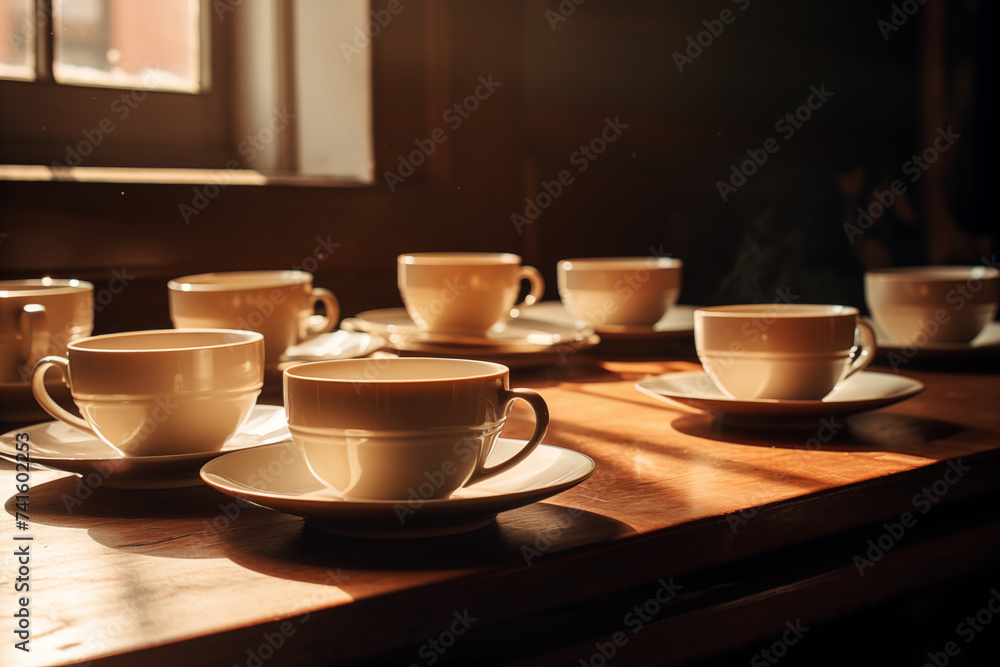 A serene setting of white coffee cups and saucers aligned on a wooden table, bathed in the warm glow of morning light streaming through a window, evoking a sense of peace and warmth. A serene setting of white coffee cups and saucers aligned on a wooden table, bathed in the warm glow of morning light streaming through a window, evoking a sense of peace and warmth.