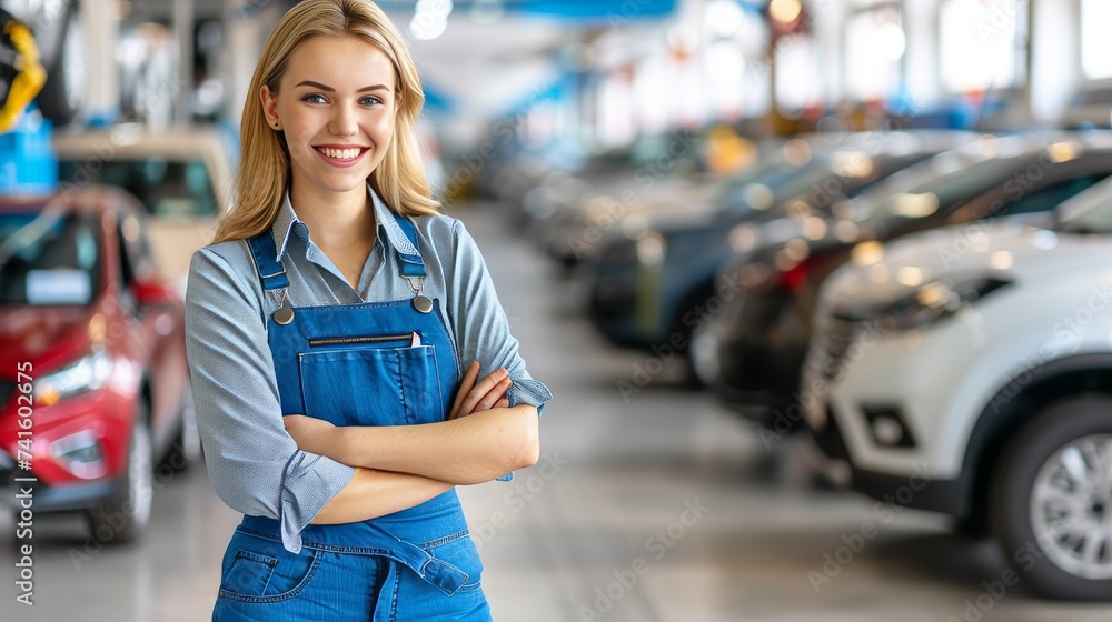 Skilled female auto mechanic in car service garage with text space for customization.