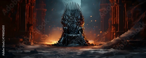Ancient iron throne adds intrigue to medieval setting in fantasy world concept. Concept Fantasy World, Medieval Setting, Ancient Iron Throne, Intrigue, Concept photo