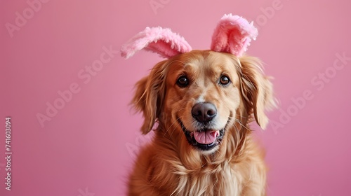 Funny dog with bunny ears and opened mouth on the background