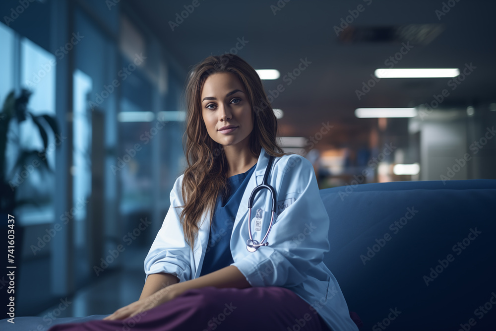 A healthcare worker, adorned in a white lab coat and stethoscope, sits contemplatively in a well-lit hospital corridor during the night shift A healthcare worker, adorned in a white lab coat and stethoscope, sits contemplatively in a well-lit hospital corridor during the night shift