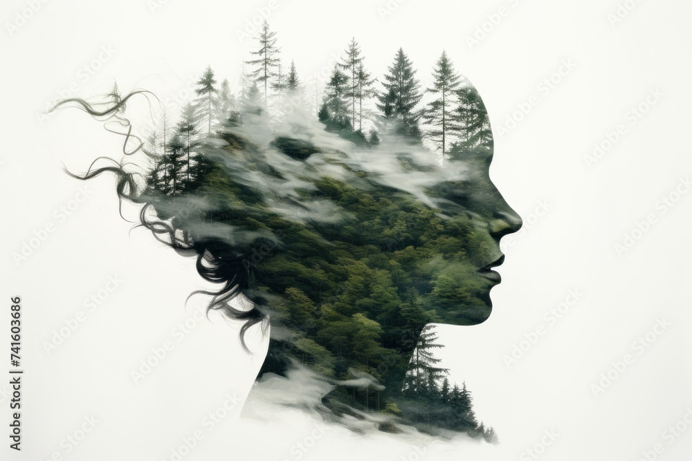 A woman's silhouette with flowing hair and floral patterns merging into a smoky tree design, illustrating beauty and nature in a striking black vector art