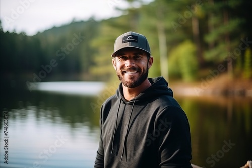 Portrait of a happy young man smiling at the camera while standing by a lake © Nerea
