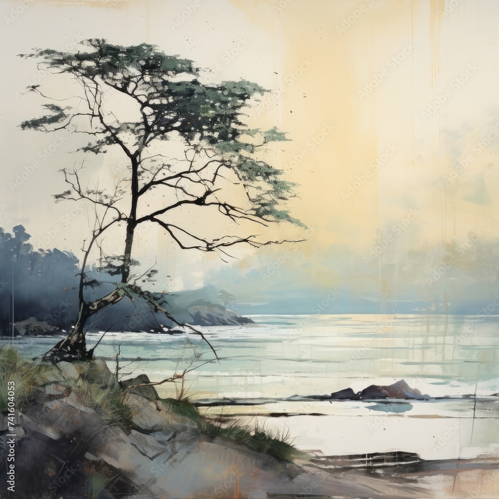 A realistic painting depicting a tree standing on a sandy beach, with waves crashing in the background under a cloudy sky.