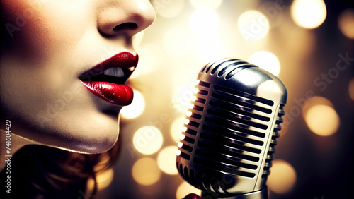 Cantante con micrófono retro sobre fondo de luces borrosas. Mujer rubia cantando un blues en el escenario. Chica rubia con micrófono Shure 55 Unidyne sobre un escenario.  photo