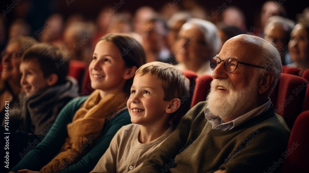 Grandparents and grandchildren share a special outing attending a delightful theater performance, creating cherished memories and bonding over the magic of live entertainment.
