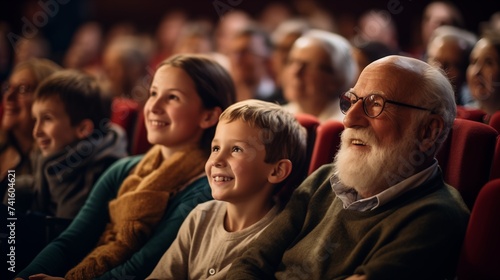 Grandparents and grandchildren share a special outing attending a delightful theater performance, creating cherished memories and bonding over the magic of live entertainment. 