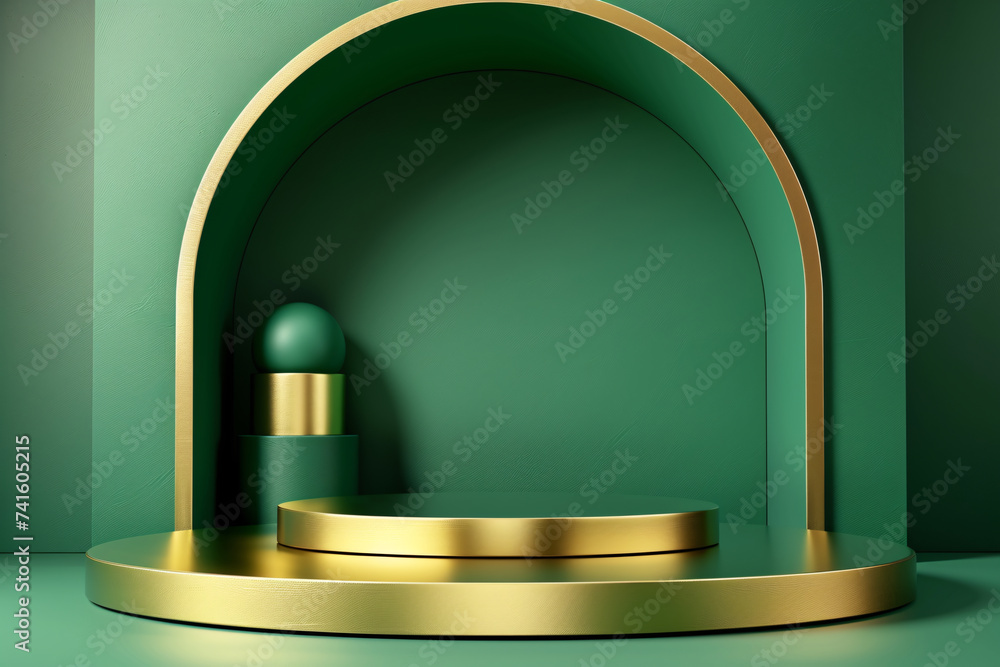 Green and gold luxurious podium for product presentation, empty platform background
