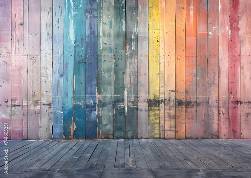 wall painting on wood planks with a rainbow tone in t