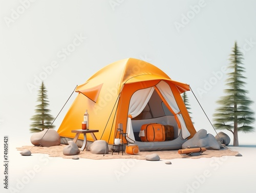 Camping tent with travel equipment. 3d illustration. photo