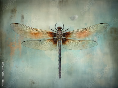 A hand-painted representation of a dragonfly captured in vibrant detail against a soothing blue background, showcasing the intricate beauty of this delicate insect. © pham