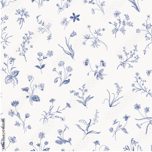 Gentle botany. Spring flowers. Seamless pattern. Vintage vector floral illustration. Blue and white