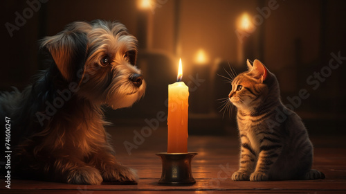 Puppy and kitten sit opposite each other and look at a candle photo
