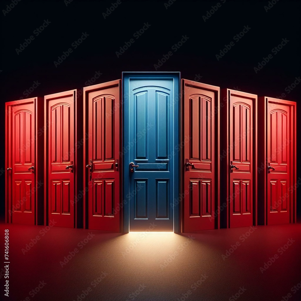 Fototapeta premium várias portas fechadas, uma porta aberta, sete portas, escolhas, várias escolhas, vários caminhos, matrix, pílula vermelha, pílula azul, indecisão, dúvida