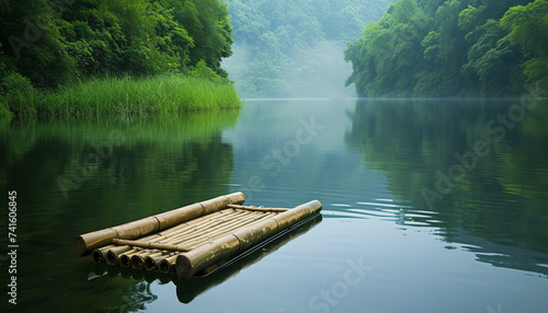 A handmade bamboo raft floats tranquilly on a calm river - reflecting the surrounding verdant scenery and clear blue skies - wide format photo