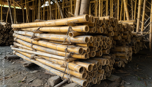 Freshly harvested bamboo canes stacked for drying  - wide format photo