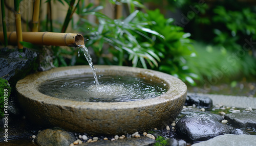 Zen garden with bamboo water spout and stone basin - wide format