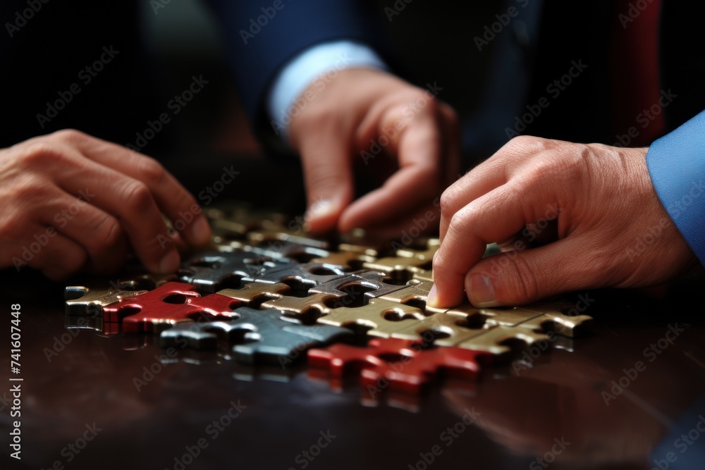 Hands working to place a puzzle piece on a wooden table Hands working to place a puzzle piece on a wooden table