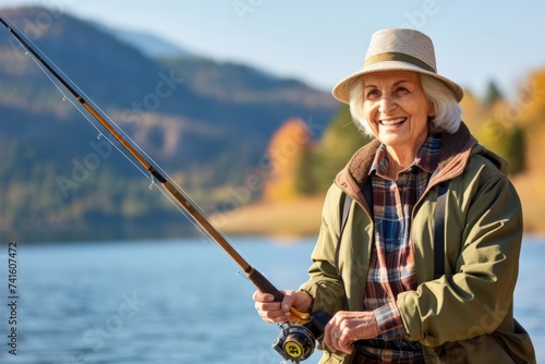 Senior woman fishing with rod on a lake in autumn. Happy senior woman fishing with spinning rod on lake.