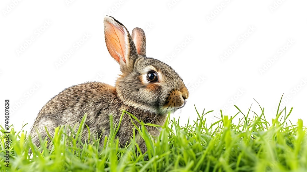 Fototapeta premium Hidden easter rabbit in a green meadow isolated on white background