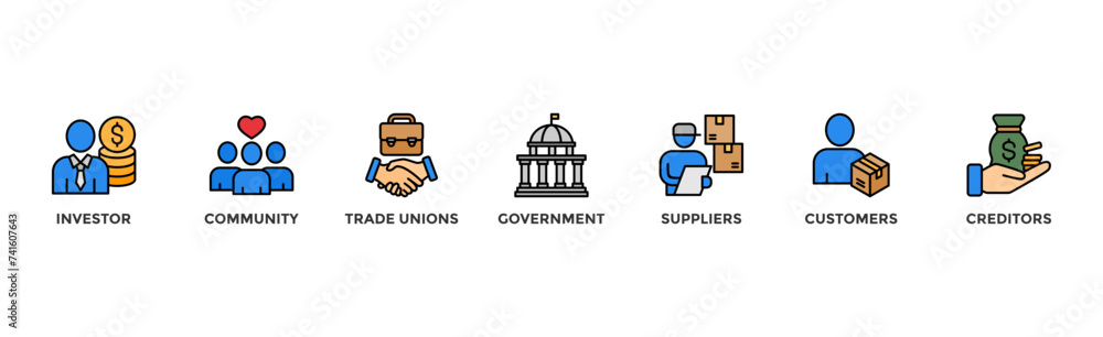 Stakeholder relationship banner web icon vector illustration concept for stakeholder, investor, government, and creditors with icon of community, trade unions, suppliers, and customers	
