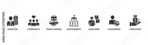 Stakeholder relationship banner web icon vector illustration concept for stakeholder, investor, government, and creditors with icon of community, trade unions, suppliers, and customers	
