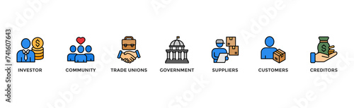 Stakeholder relationship banner web icon vector illustration concept for stakeholder, investor, government, and creditors with icon of community, trade unions, suppliers, and customers	
