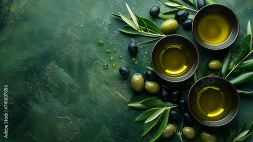 Bowl of ripe green olives among olive branches with natural green backdrop