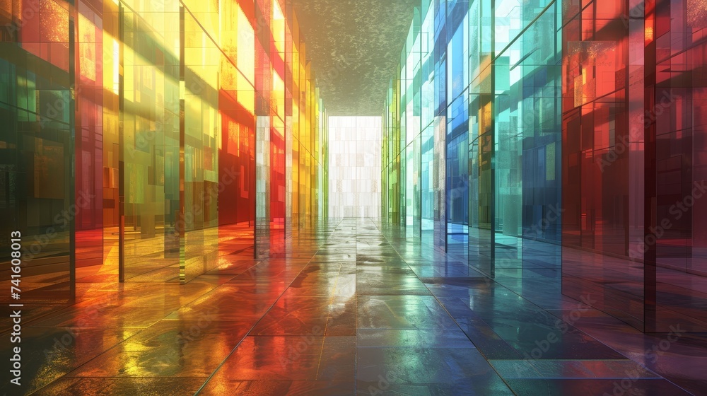 A 3D abstract composition of floating glass panels in a variety of translucent colors, arranged in a modern art gallery setting.