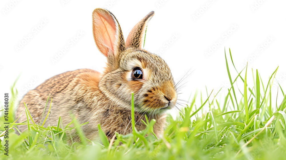 Hidden easter rabbit in a green meadow isolated on white background Hidden easter rabbit in a green meadow isolated on white background