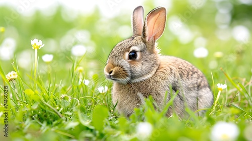 Hidden easter rabbit in a green meadow isolated on white background