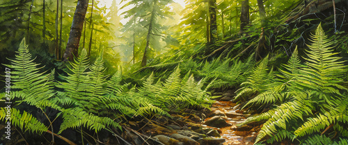 Ferns next to a valley in a deep forest. 
Illustration of a bracken in a watercolor style. photo