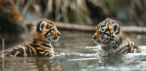 Two young tiger cubs enjoy a playful moment in shallow water, showcasing their natural curiosity and innocence.