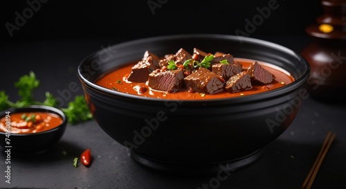 Beef with sauce in bowl on black background