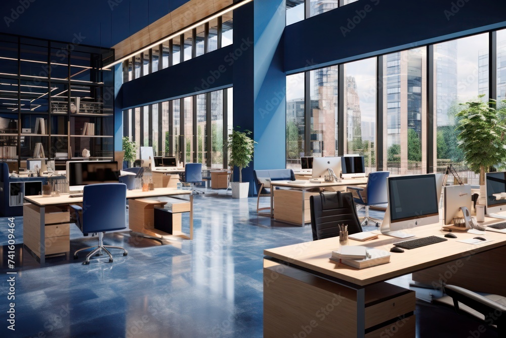 Modern and spacious office environment, with a sleek and contemporary design
