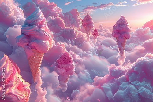 Dreamy Soft Pink Soft Serve Ice Cream Cones Floating in Clouds at Sunset photo