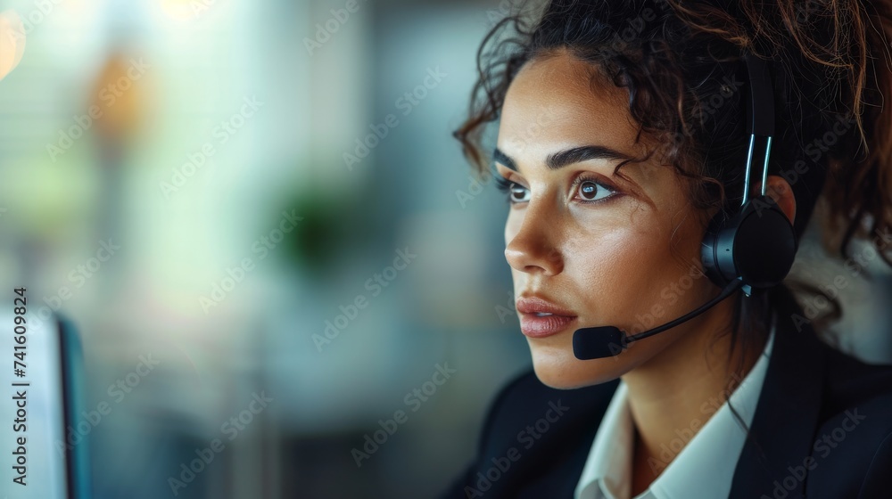 Portrait of beautiful businesswoman working in call center. Call center Portrait of beautiful businesswoman working in call center. Call center
