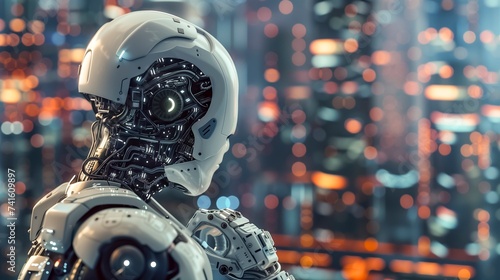 Sophisticated Humanoid Robot Head With Intricate Mechanical Details Overlooking A Blurred Cityscape