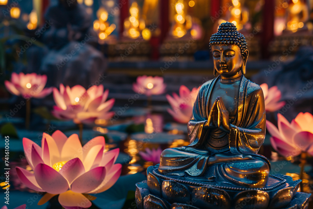 Glowing lotus flowers and Buddha statue, meditation and mindfulness concept