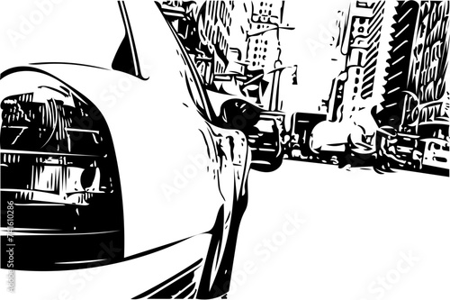 Vektor Darstellung New York City  Verkehr - Kunst Monochrom - Comic Style handgezeichnet