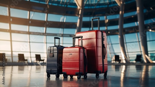 Suitcases on a conveyor belt at the airport. Travel concept. 3d rendering. photo