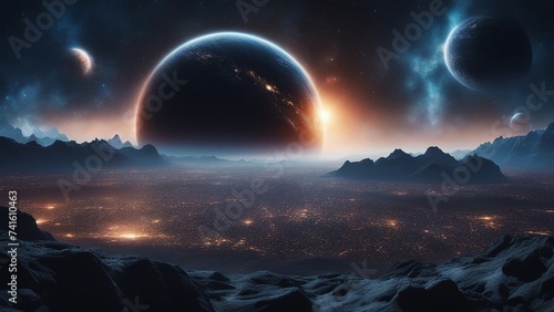 sunrise over the planet  Illustration of an inhabited alien planet in space with a blue nebula and stars. Lights of cities  