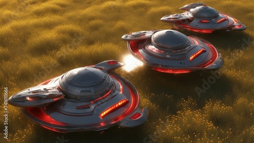 _A trio of alien spaceships with a red and yellow hull and circular shapes. 